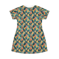 Autumn Symphony Botanicals T-Shirt Dress – Elegant Fall-Inspired Floral Print Dress
