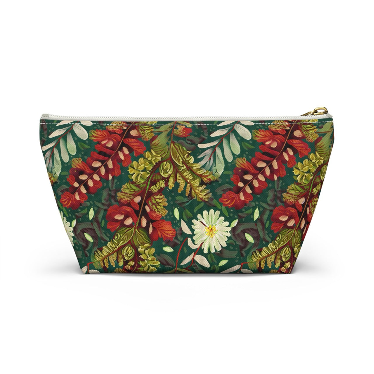 Crimson Flora Symphony T-bottom Accessory Pouch – Botanical Elegance for Everyday Essentials