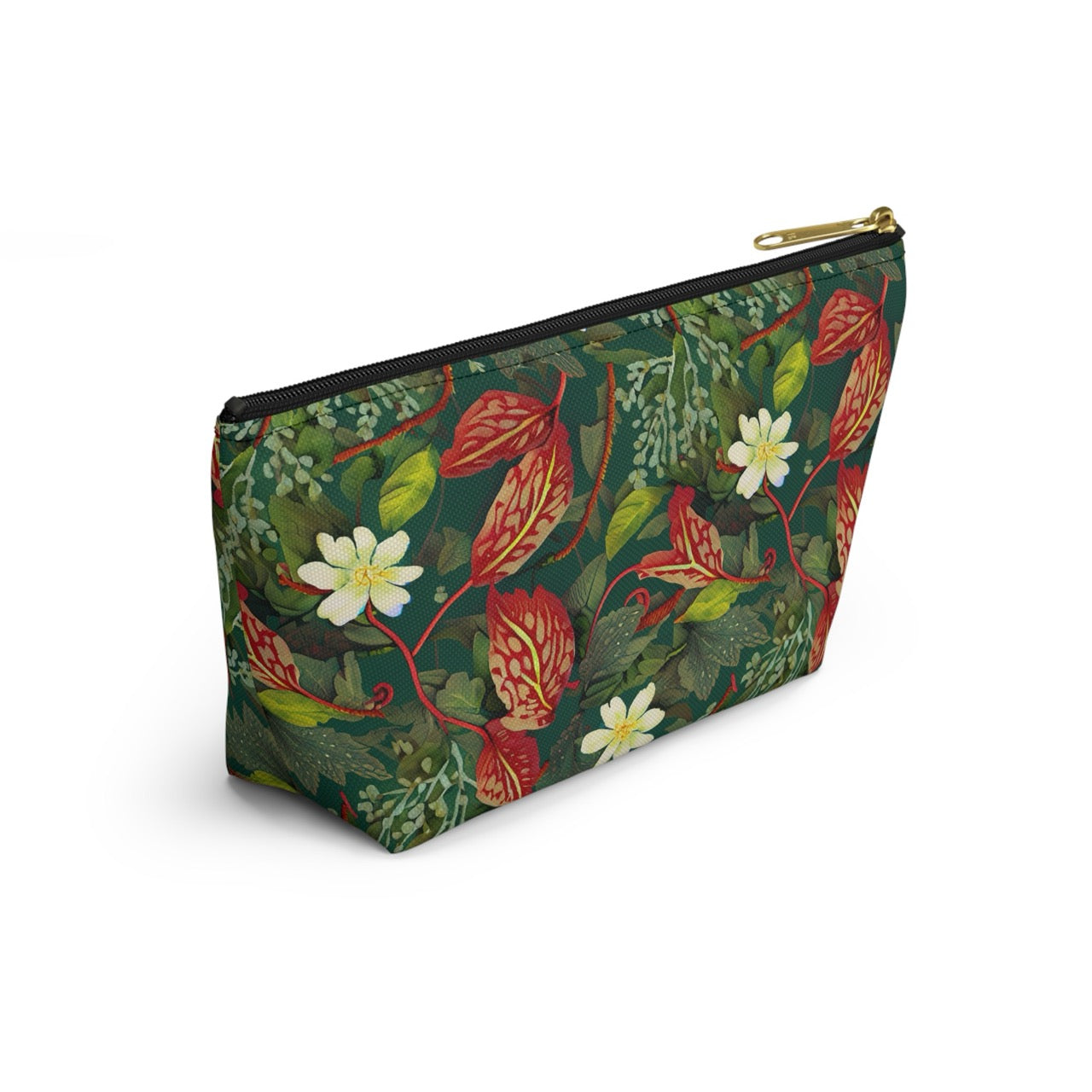 Emerald Crimson Garden T-bottom Accessory Pouch – Luxurious Botanical Print Organizer for Everyday Use
