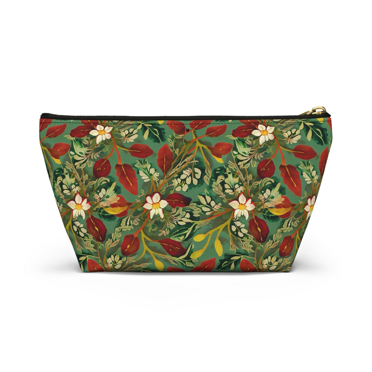 Golden Leaf Reverie T-bottom Accessory Pouch – Luxe Botanical Print Organizer for Everyday Essentials