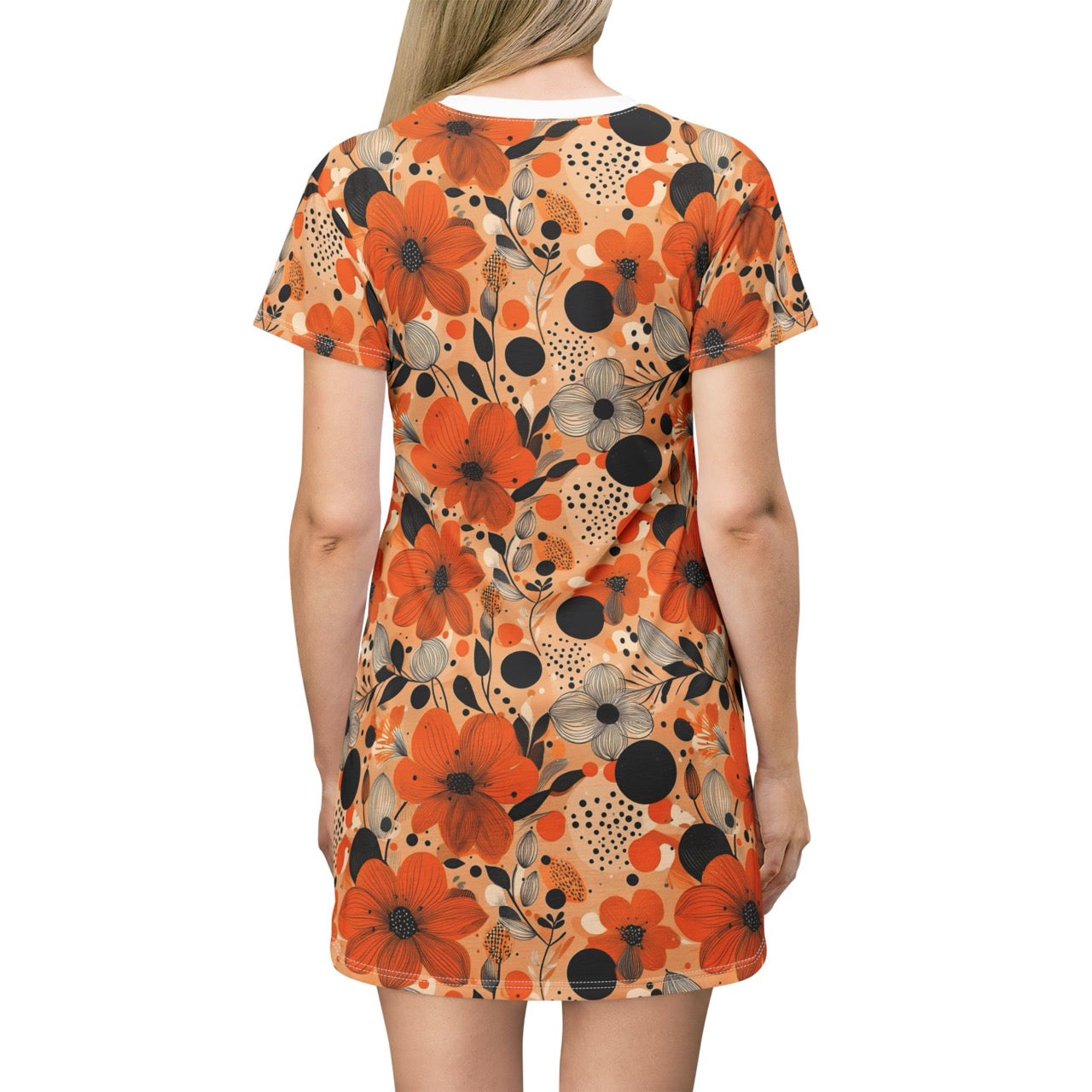 Autumn Glow Blossoms T-Shirt Dress – Cozy & Stylish Floral Print Dress for Effortless Elegance