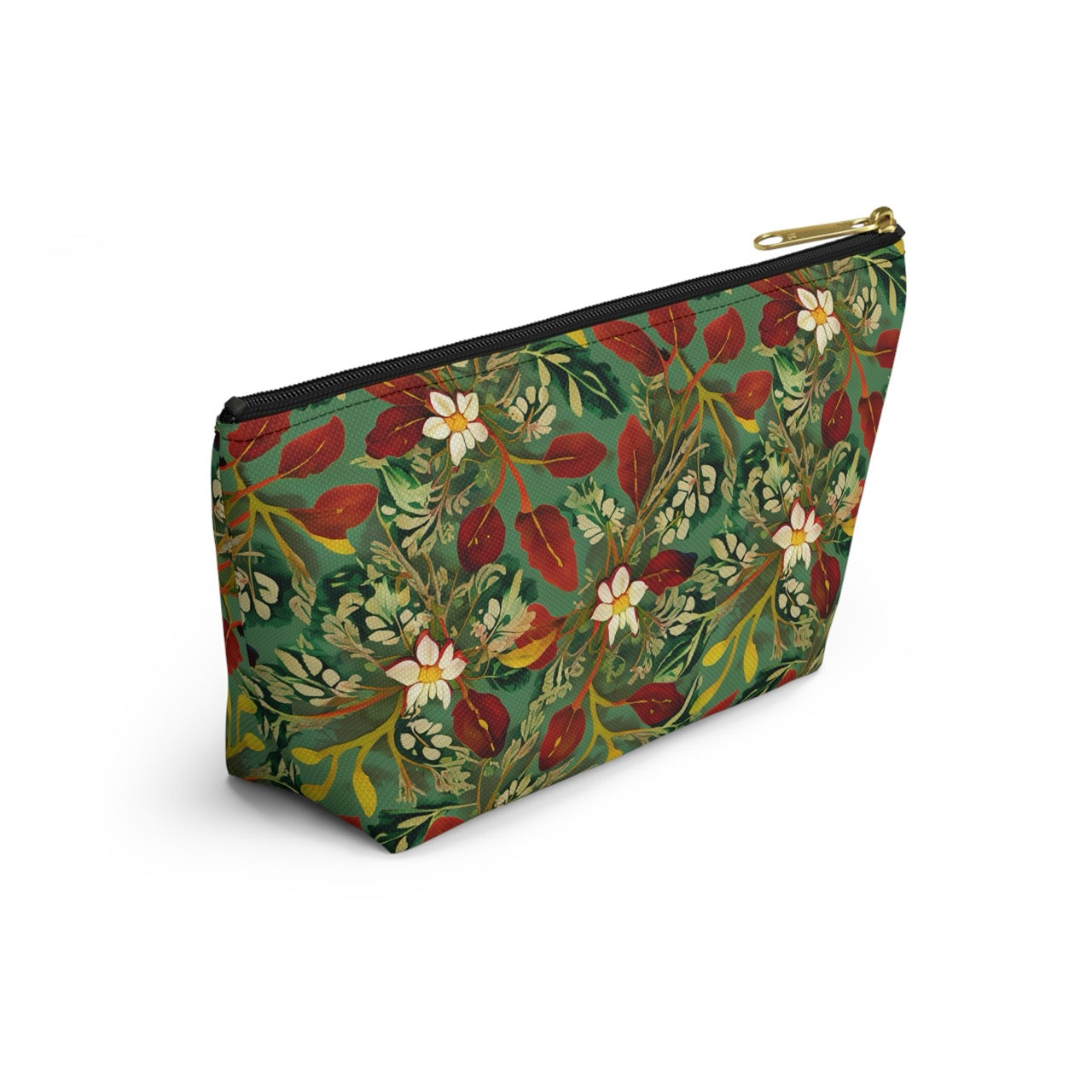 Golden Leaf Reverie T-bottom Accessory Pouch – Luxe Botanical Print Organizer for Everyday Essentials