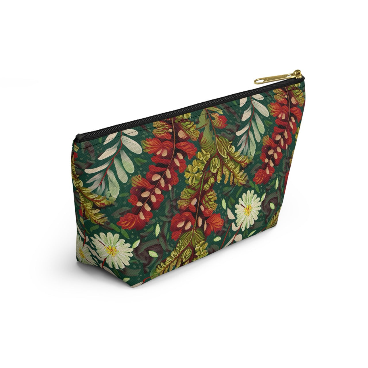 Crimson Flora Symphony T-bottom Accessory Pouch – Botanical Elegance for Everyday Essentials