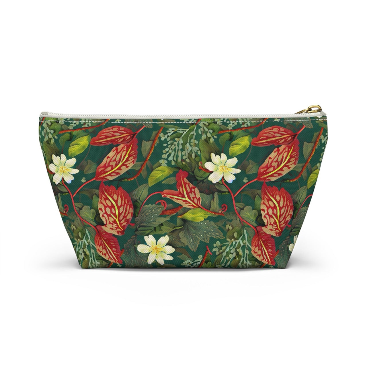 Emerald Crimson Garden T-bottom Accessory Pouch – Luxurious Botanical Print Organizer for Everyday Use