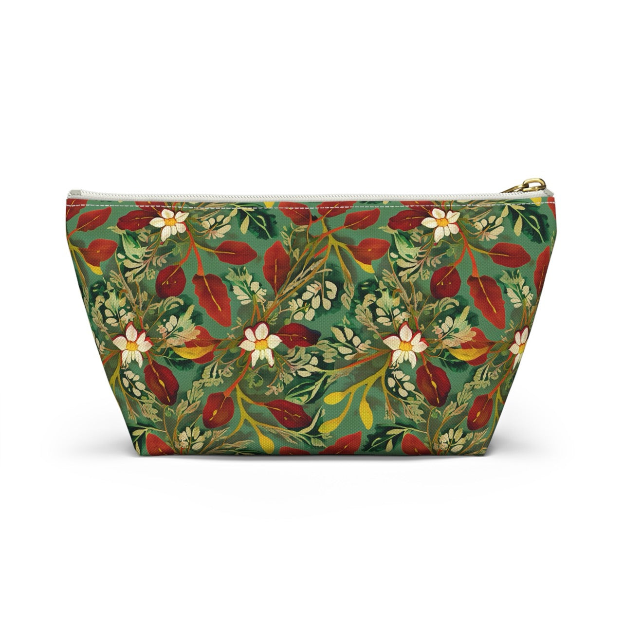 Golden Leaf Reverie T-bottom Accessory Pouch – Luxe Botanical Print Organizer for Everyday Essentials