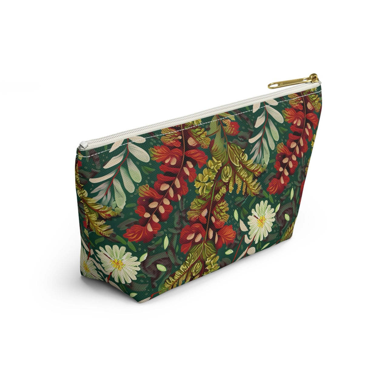 Crimson Flora Symphony T-bottom Accessory Pouch – Botanical Elegance for Everyday Essentials