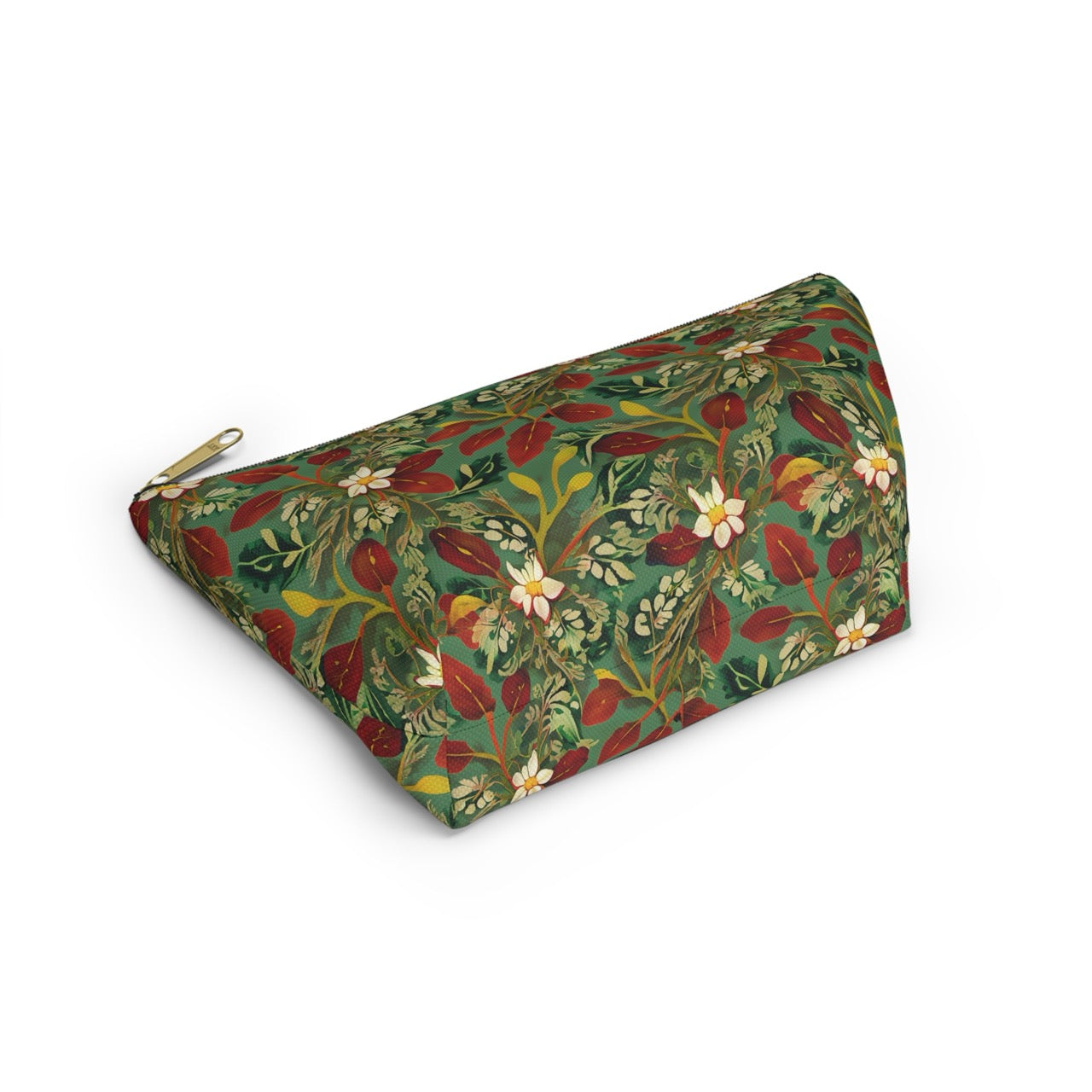 Golden Leaf Reverie T-bottom Accessory Pouch – Luxe Botanical Print Organizer for Everyday Essentials