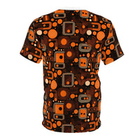 Orange Orbit Dynamics Men's T-Shirt – Retro-Futuristic Geometric Print for Bold Statement Style