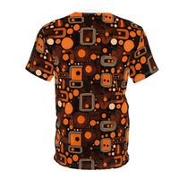 Orange Orbit Dynamics Men's T-Shirt – Retro-Futuristic Geometric Print for Bold Statement Style