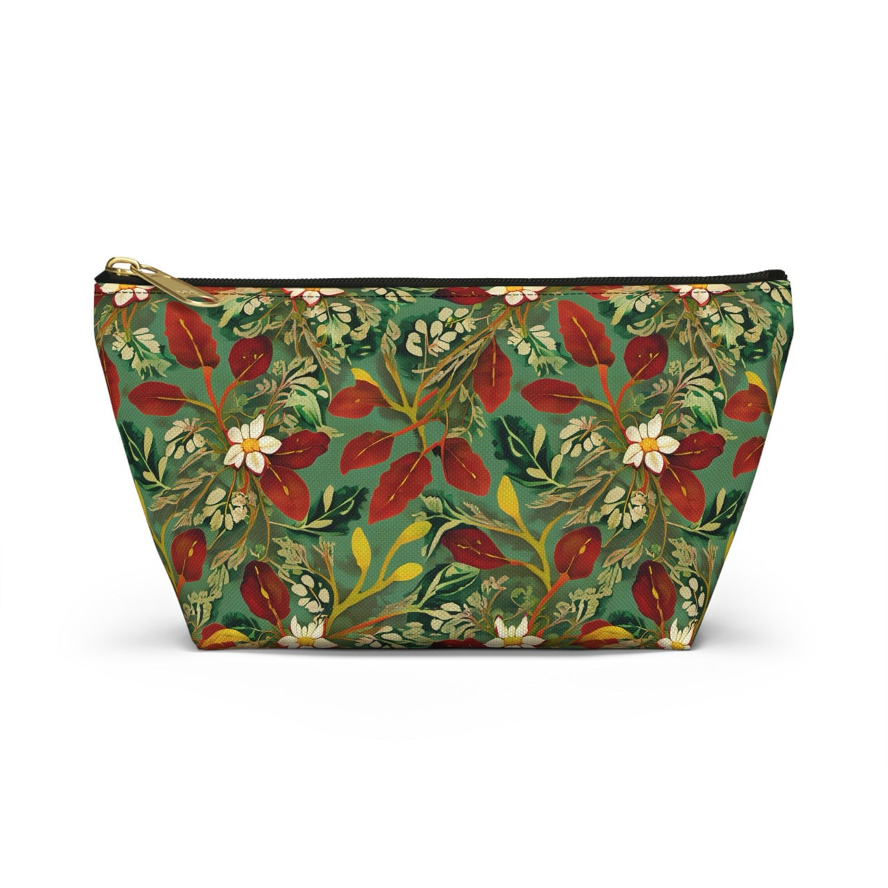 Golden Leaf Reverie T-bottom Accessory Pouch – Luxe Botanical Print Organizer for Everyday Essentials