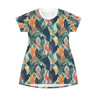 Tropical Twilight Elegance T-Shirt Dress – Enchanting Botanical Print Dress for Effortless Chic
