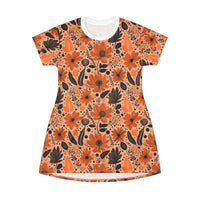 Bold Harvest Blooms T-Shirt Dress – Chic Autumn Floral Print Dress for Effortless Style
