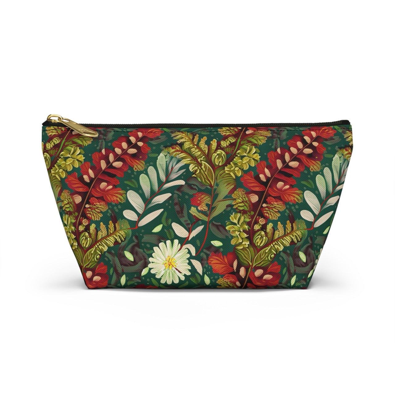 Crimson Flora Symphony T-bottom Accessory Pouch – Botanical Elegance for Everyday Essentials