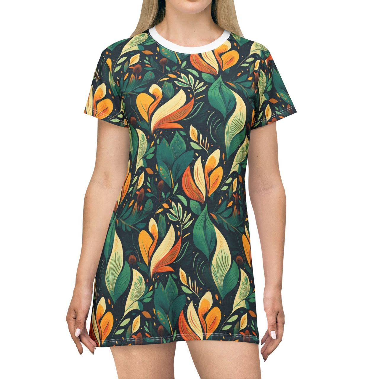 Vibrant Harmony Leaves T-Shirt Dress – Bold Botanical Print Dress for Effortless Elegance