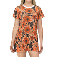 Bold Harvest Blooms T-Shirt Dress – Chic Autumn Floral Print Dress for Effortless Style
