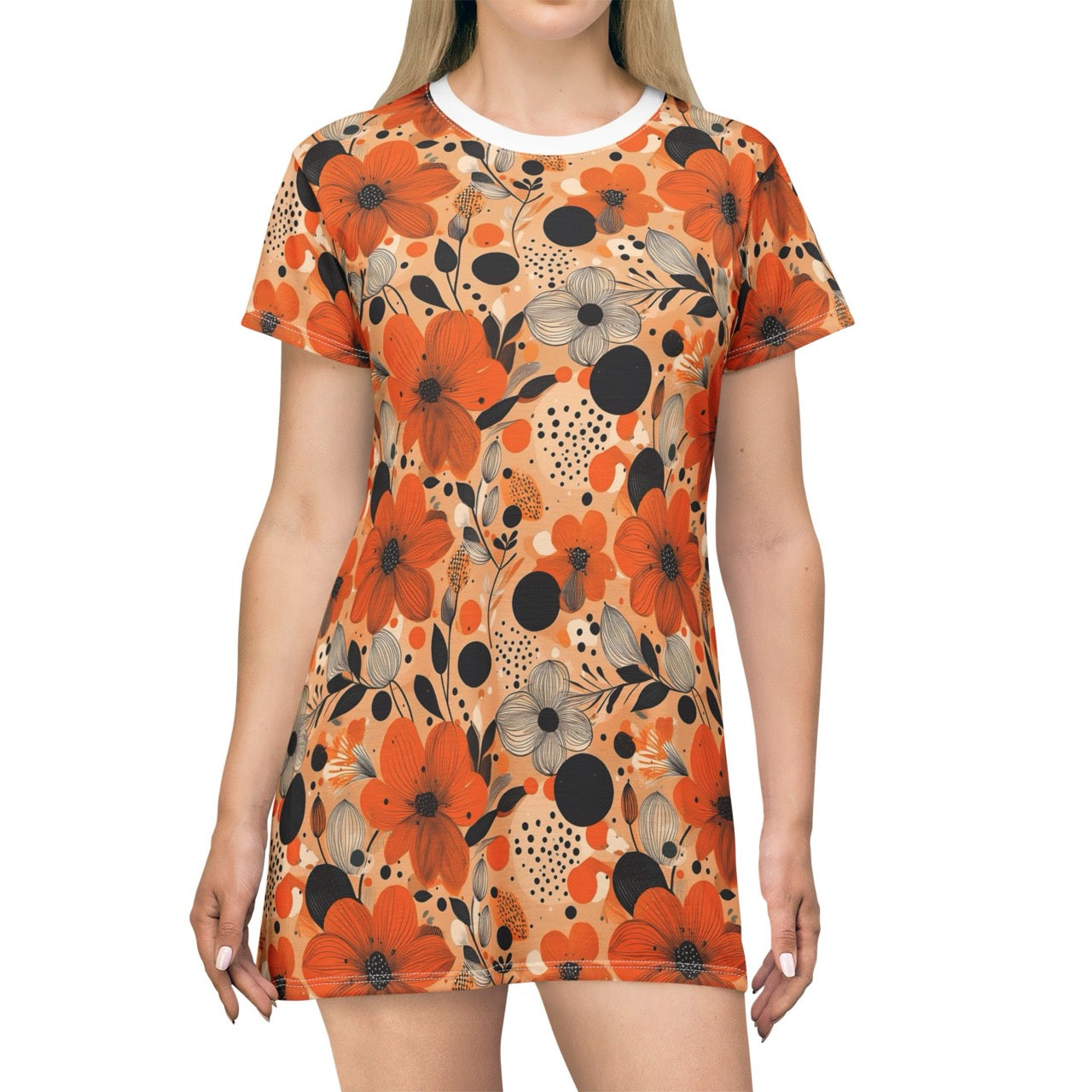 Autumn Glow Blossoms T-Shirt Dress – Cozy & Stylish Floral Print Dress for Effortless Elegance
