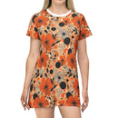 Autumn Glow Blossoms T-Shirt Dress – Cozy & Stylish Floral Print Dress for Effortless Elegance
