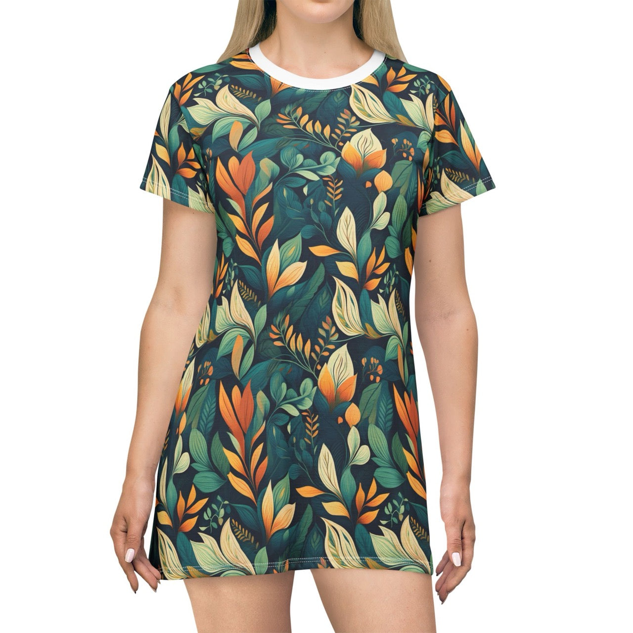 Golden Hour Foliage T-Shirt Dress – Elegant Botanical Print Dress for Effortless Chic