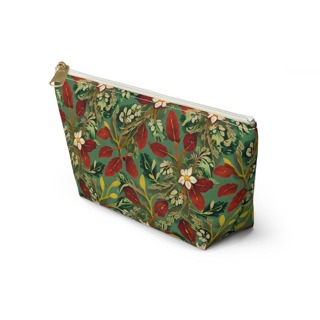 Golden Leaf Reverie T-bottom Accessory Pouch – Luxe Botanical Print Organizer for Everyday Essentials